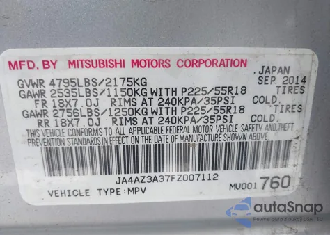 2015 Mitsubishi Outlander Se z USA, uszkodzony, nr VIN JA4AZ3A37FZ007112